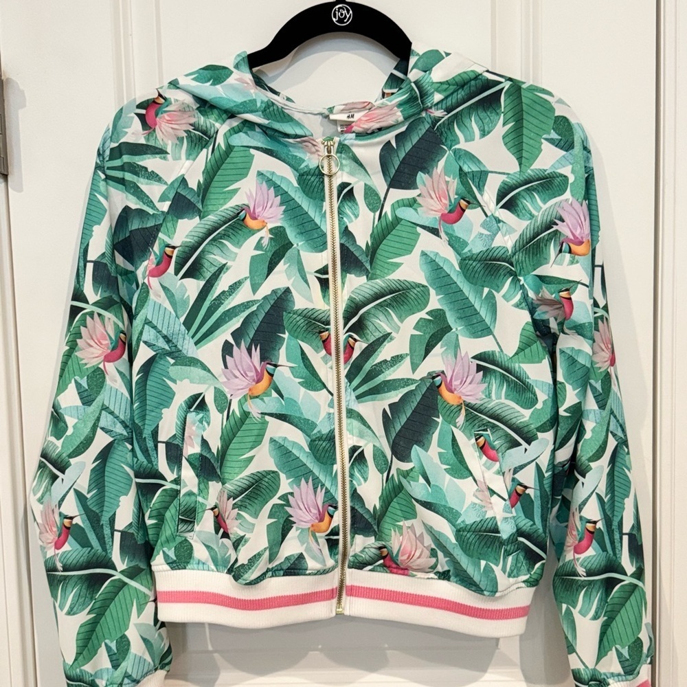 Girls 14 Tropical Bird Zip Hoodie H&M Dieter Braun Palm Resort Coastal Jacket